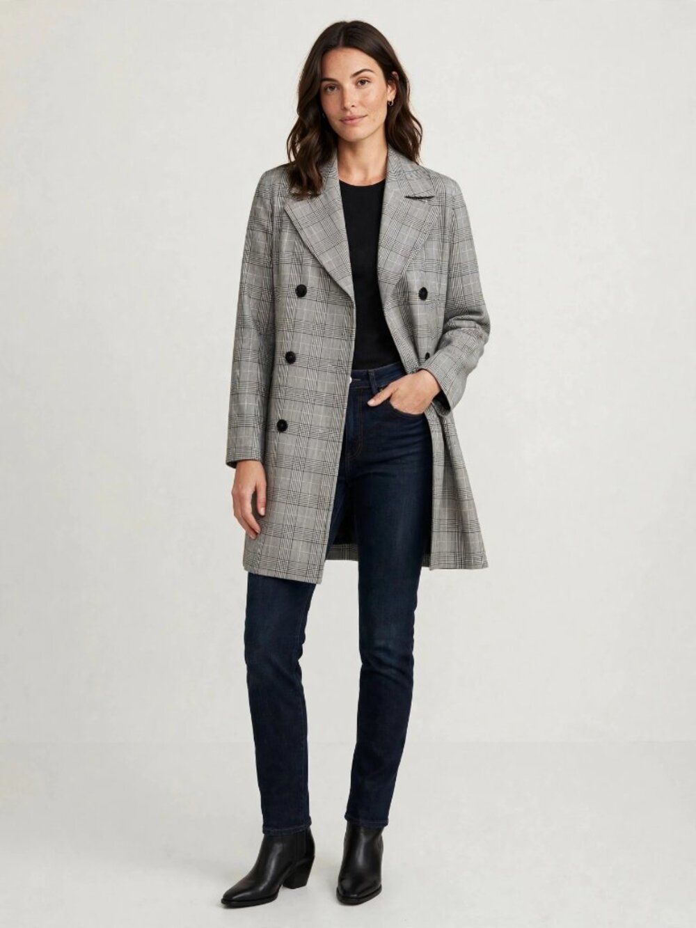 GANNI Grey Plaid Double Breasted Long Coat | Check Wool | Women S